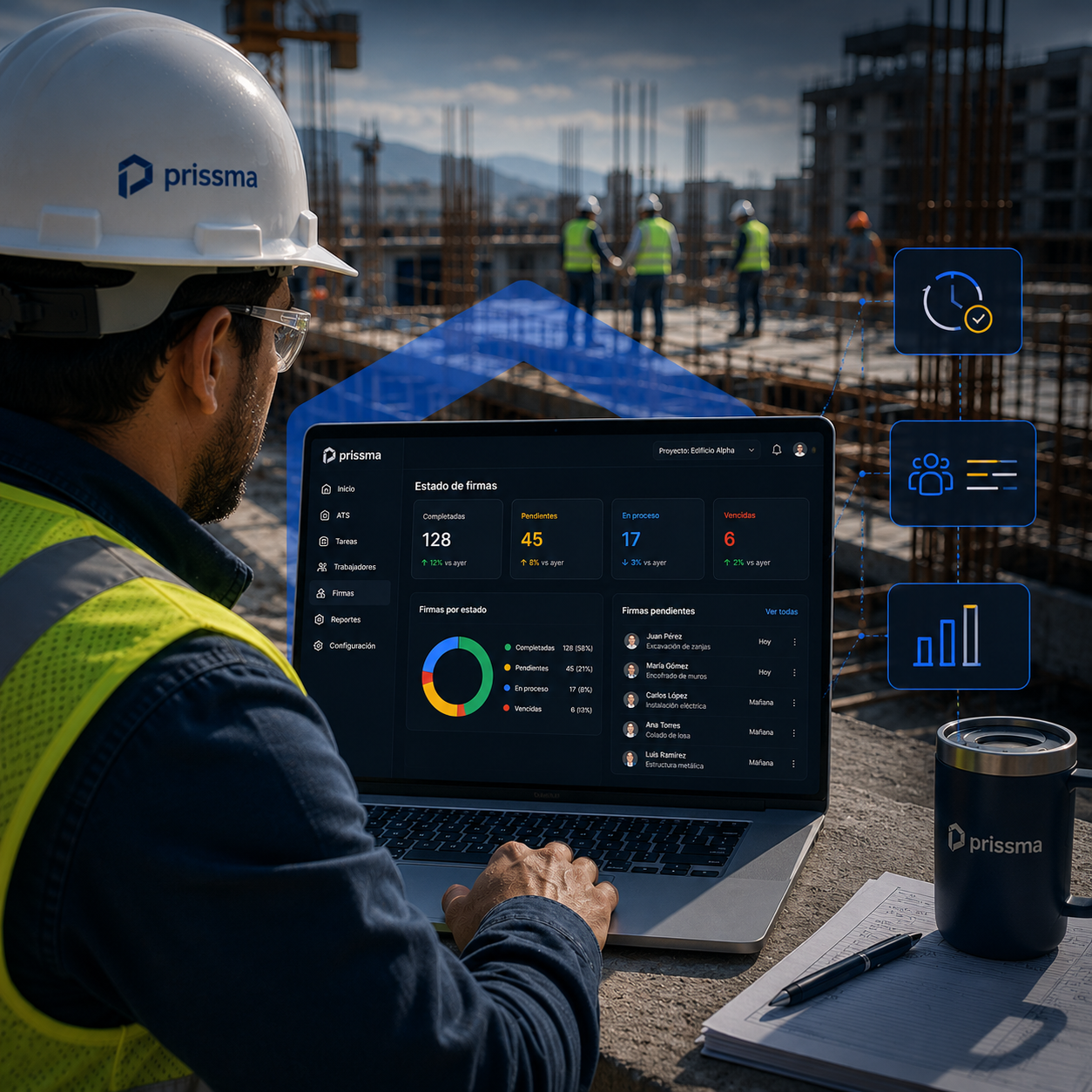 Dashboard de analytics en tiempo real mostrando estado de firmas y cumplimiento